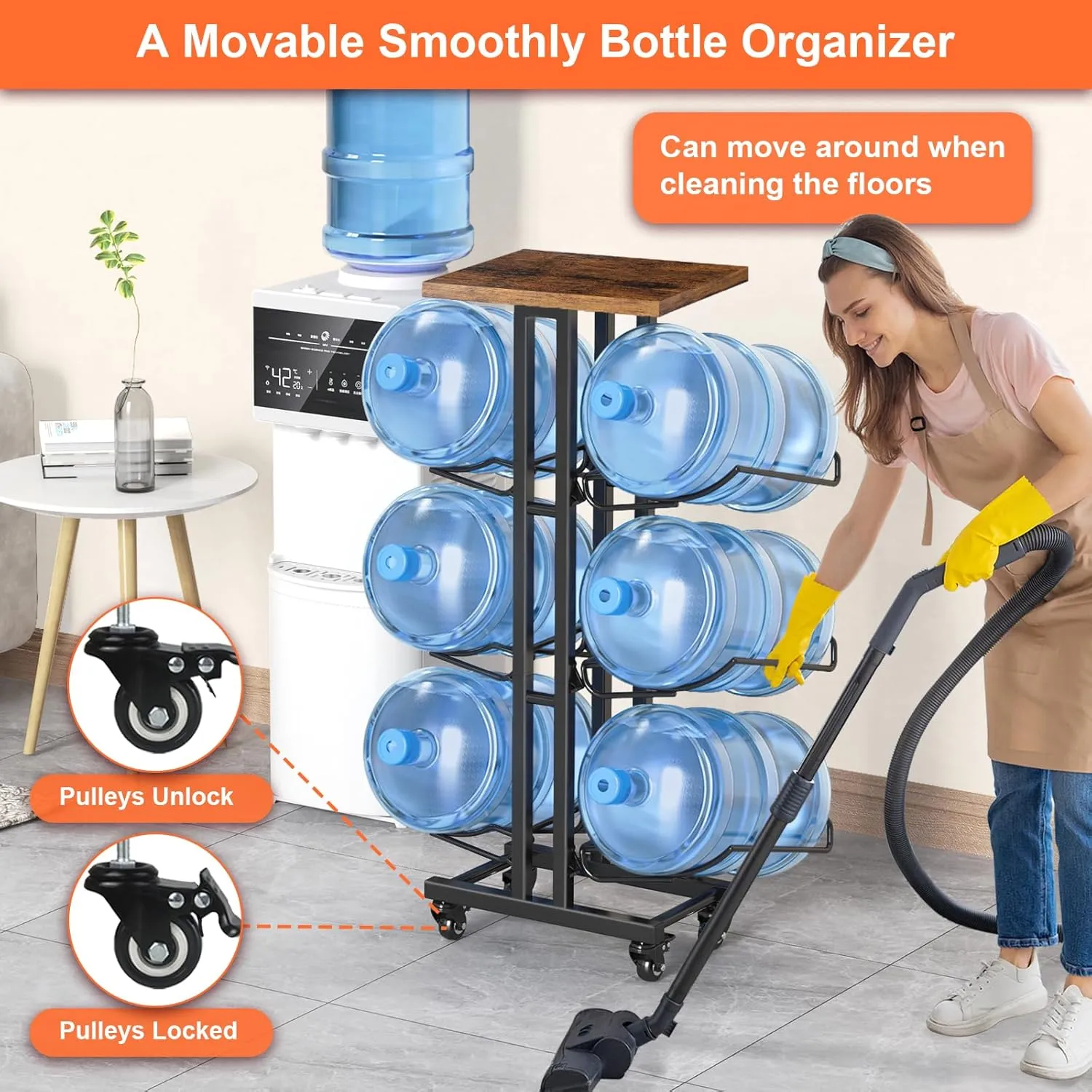 5 Gallon Water Jug Holder ,3 Tier Foldable Heavy Duty Water Jug Stand Water Bottle Holder Organizer With Lockable Casters Water Dispenser Stand Rack With Removable Wood Top Shelf for 6 Bottles, Black
