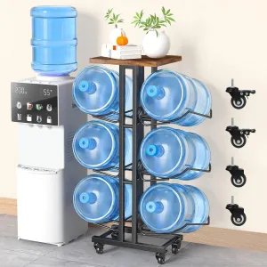5 Gallon Water Jug Holder ,3 Tier Foldable Heavy Duty Water Jug Stand Water Bottle Holder Organizer With Lockable Casters Water Dispenser Stand Rack With Removable Wood Top Shelf for 6 Bottles, Black