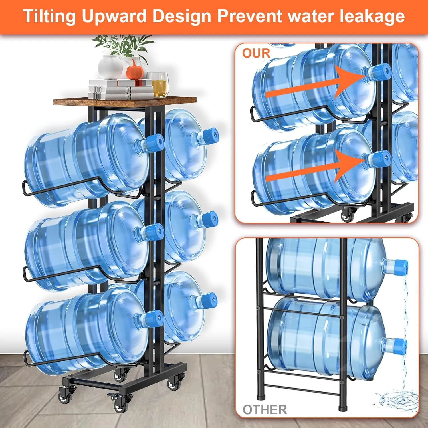 5 Gallon Water Jug Holder ,3 Tier Foldable Heavy Duty Water Jug Stand Water Bottle Holder Organizer With Lockable Casters Water Dispenser Stand Rack With Removable Wood Top Shelf for 6 Bottles, Black