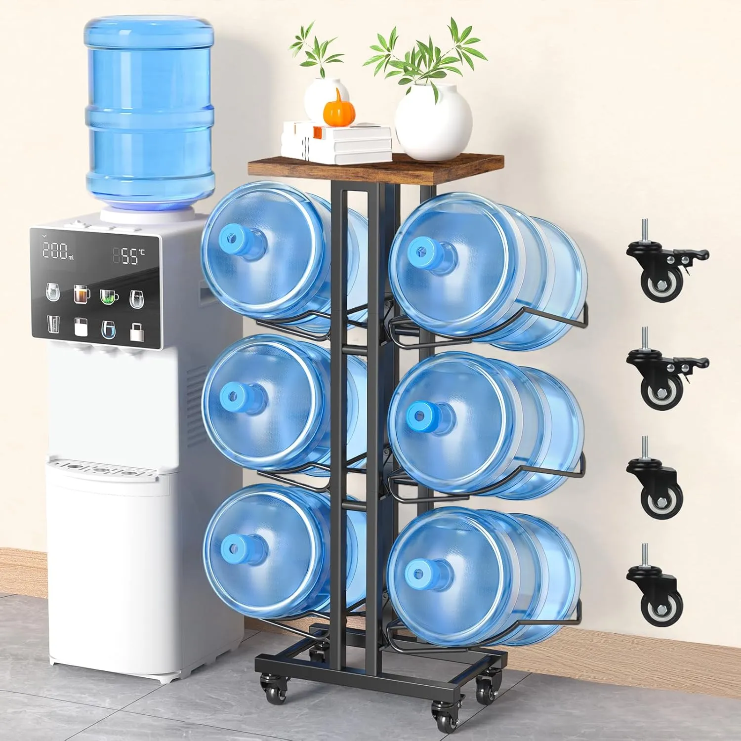 5 Gallon Water Jug Holder ,3 Tier Foldable Heavy Duty Water Jug Stand Water Bottle Holder Organizer With Lockable Casters Water Dispenser Stand Rack With Removable Wood Top Shelf for 6 Bottles, Black