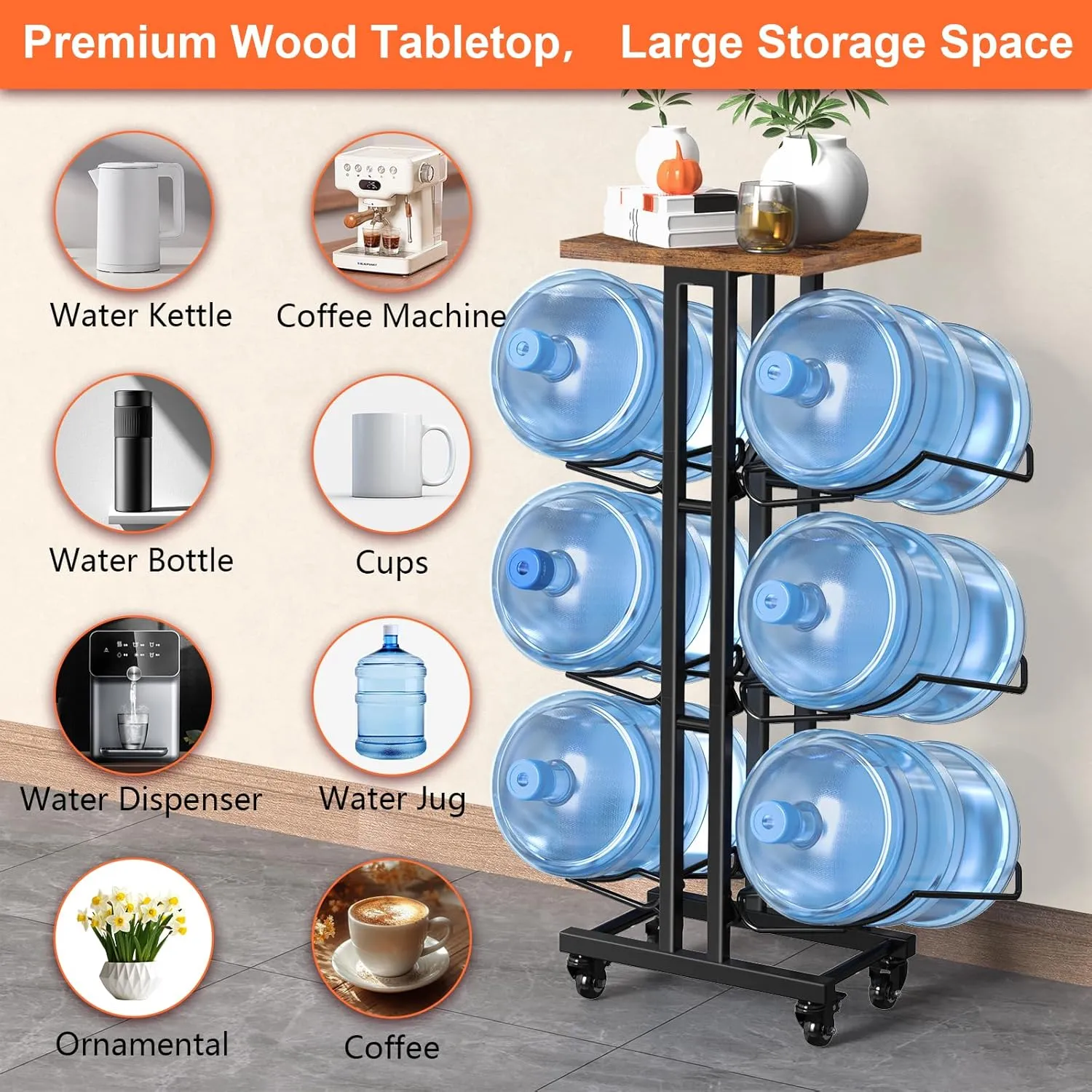5 Gallon Water Jug Holder ,3 Tier Foldable Heavy Duty Water Jug Stand Water Bottle Holder Organizer With Lockable Casters Water Dispenser Stand Rack With Removable Wood Top Shelf for 6 Bottles, Black