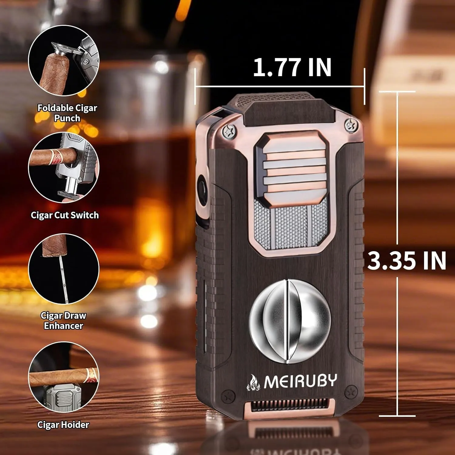 5-in-1 Butane Torch Lighter, Refillable Jet Flame Cigar Lighter with V-Cutter, Punch, Holder and Draw Tool, Multi-Functional Cigar Accessories Gift for Men, Dad, Husband, Friend & Cigar Lover