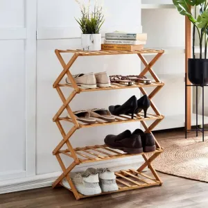 5 Layer Wooden Bamboo Foldable Shoe Rack Portable Folding Shoe Storage Racks Freestanding Multipurpose Shoe Shelves for Hallway Entryway Bedroom