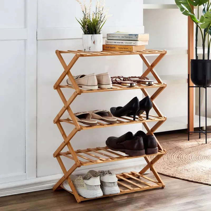 5 Layer Wooden Bamboo Foldable Shoe Rack Portable Folding Shoe Storage Racks Freestanding Multipurpose Shoe Shelves for Hallway Entryway Bedroom