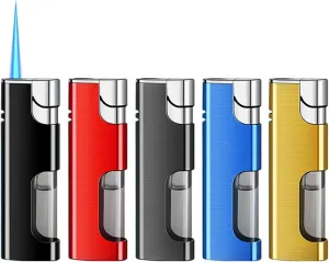 5-Pack Jet Flame Lighters, Butane Refillable Torch Lighters, Butane Lighters with Visible Fuel Tank, Adjustable Windproof Lighters for Candles, Campfires, Kitchen, Camping, BBQ (No Gas)