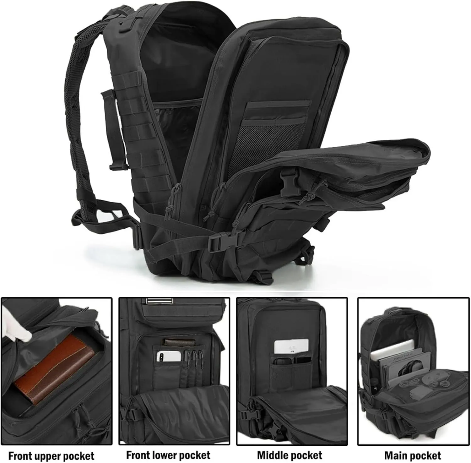 50L Tactical Backpacks Man Traveling Bags Survival Outdoor 3P Assault Pack EDC Molle Pack Hiking Trekking Hunting Bag(Black)