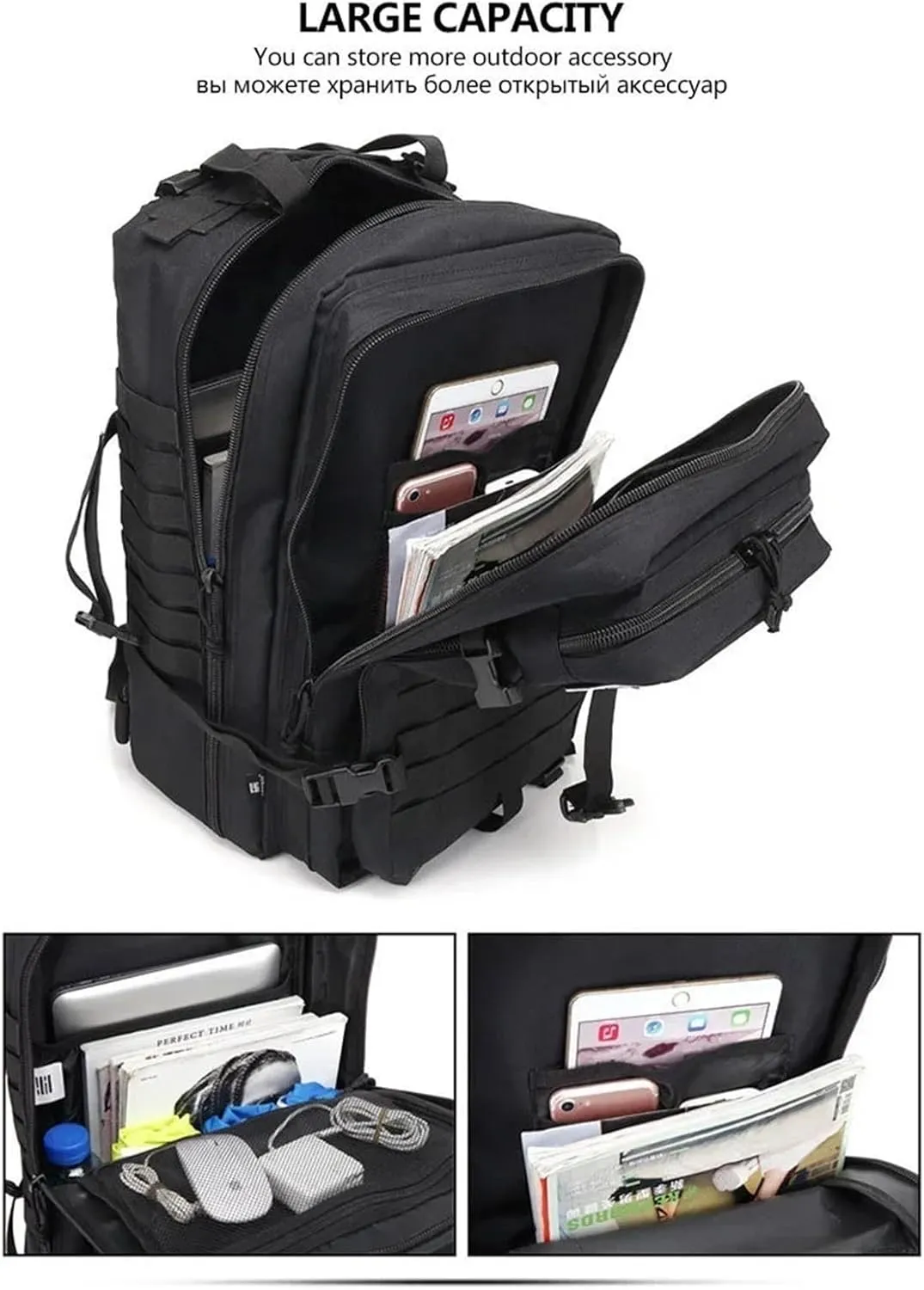 50L Tactical Backpacks Man Traveling Bags Survival Outdoor 3P Assault Pack EDC Molle Pack Hiking Trekking Hunting Bag(Black)