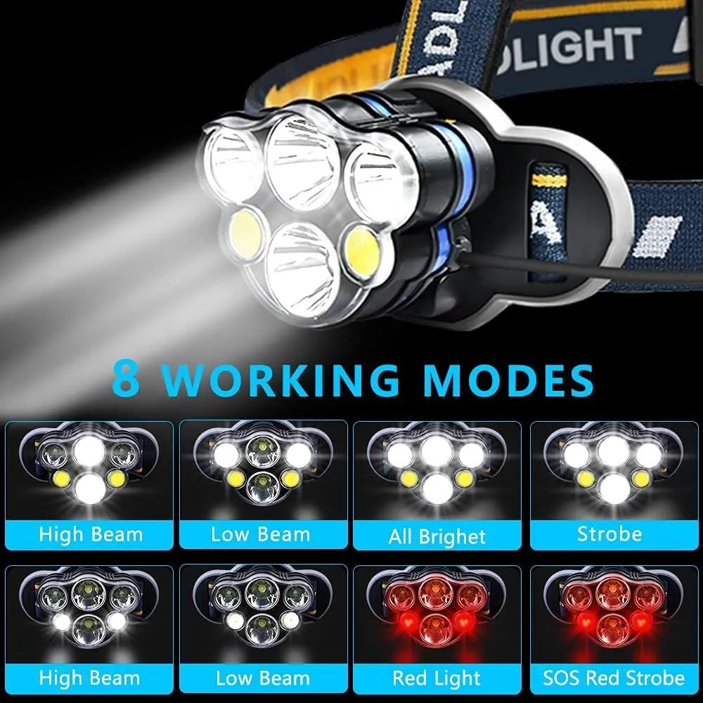 6 LED Powerful Headlamp,8 Modes USB Rechargeable 90° Rotatable Super Bright Headlight Waterproof,Very Suitable for Work, Outdoor, Camping, Hiking, Fishing