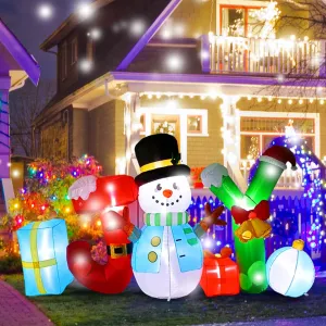 6 Pcs 8Ft Wide Joy Snowman Christmas Inflatables Outdoor Decoration, Large Santa Style Gift Boxes Decorations, for Winter Christmas Party Outdoor,Decor Courtyard Lawn and Garden,Indoor Decor