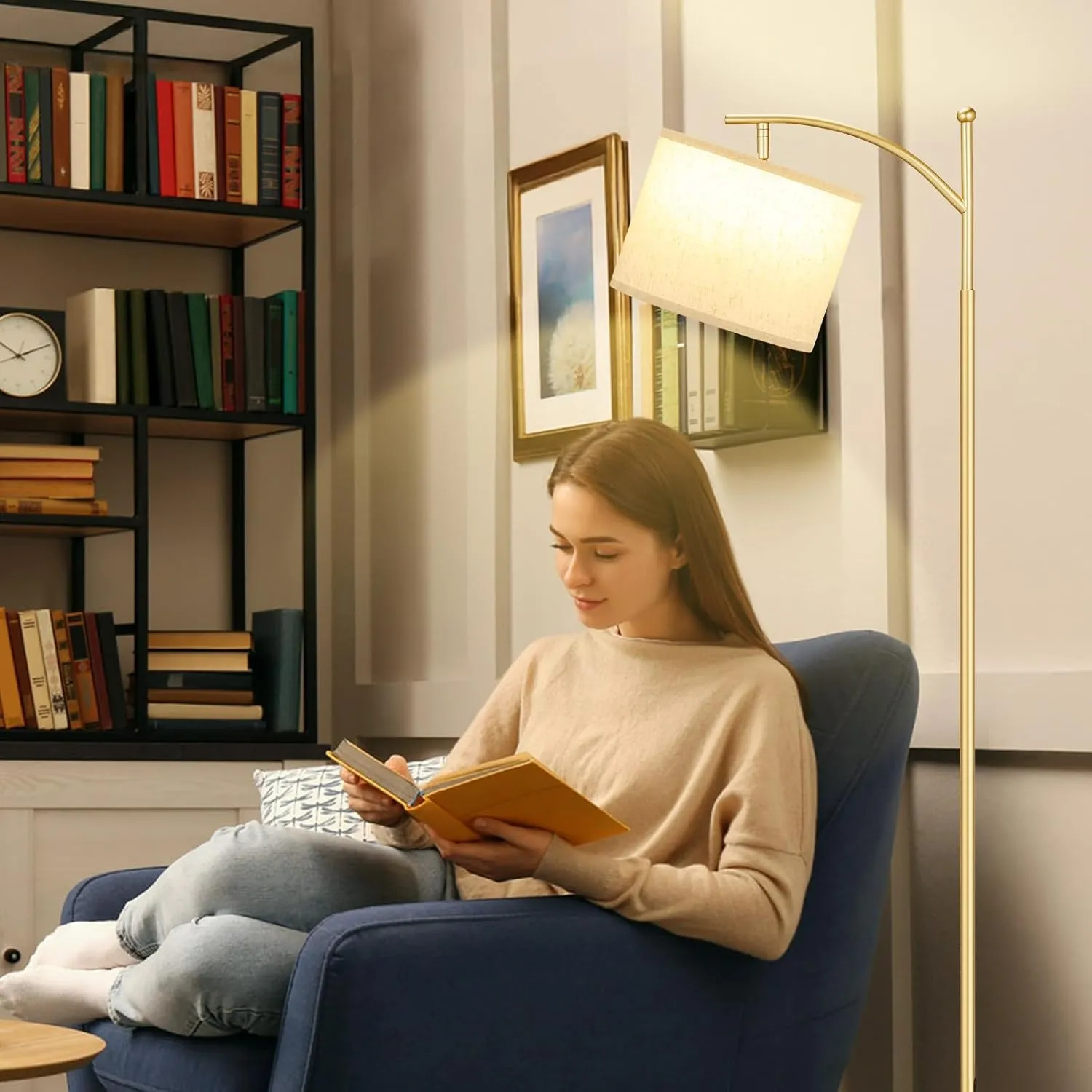 60" Floor Lamp With 3 Color Temperatures, Adjustable Beige Shade, Gold Pole - Tall Lamp for Living Room, Bedroom, Office, Classroom, Dorm - 9W Bulb Included