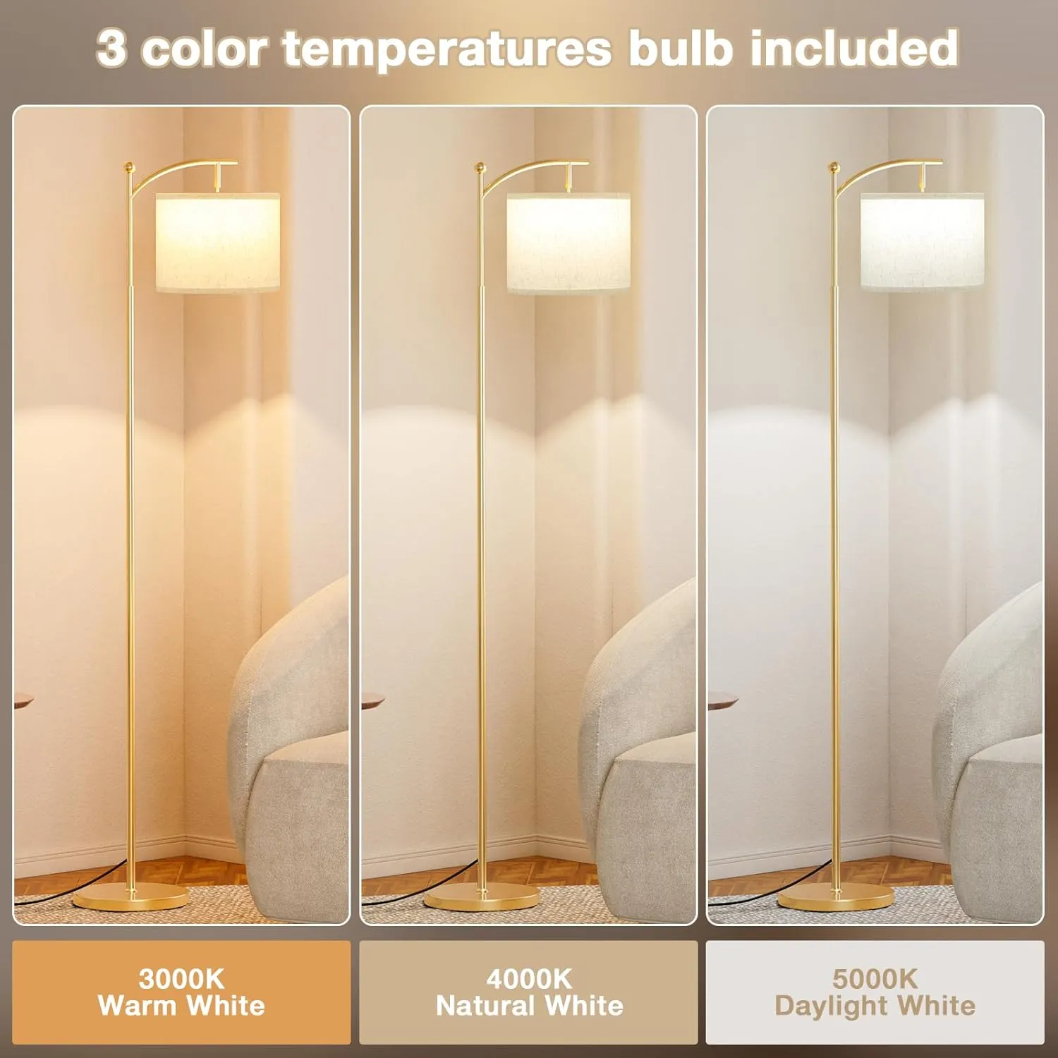 60" Floor Lamp With 3 Color Temperatures, Adjustable Beige Shade, Gold Pole - Tall Lamp for Living Room, Bedroom, Office, Classroom, Dorm - 9W Bulb Included