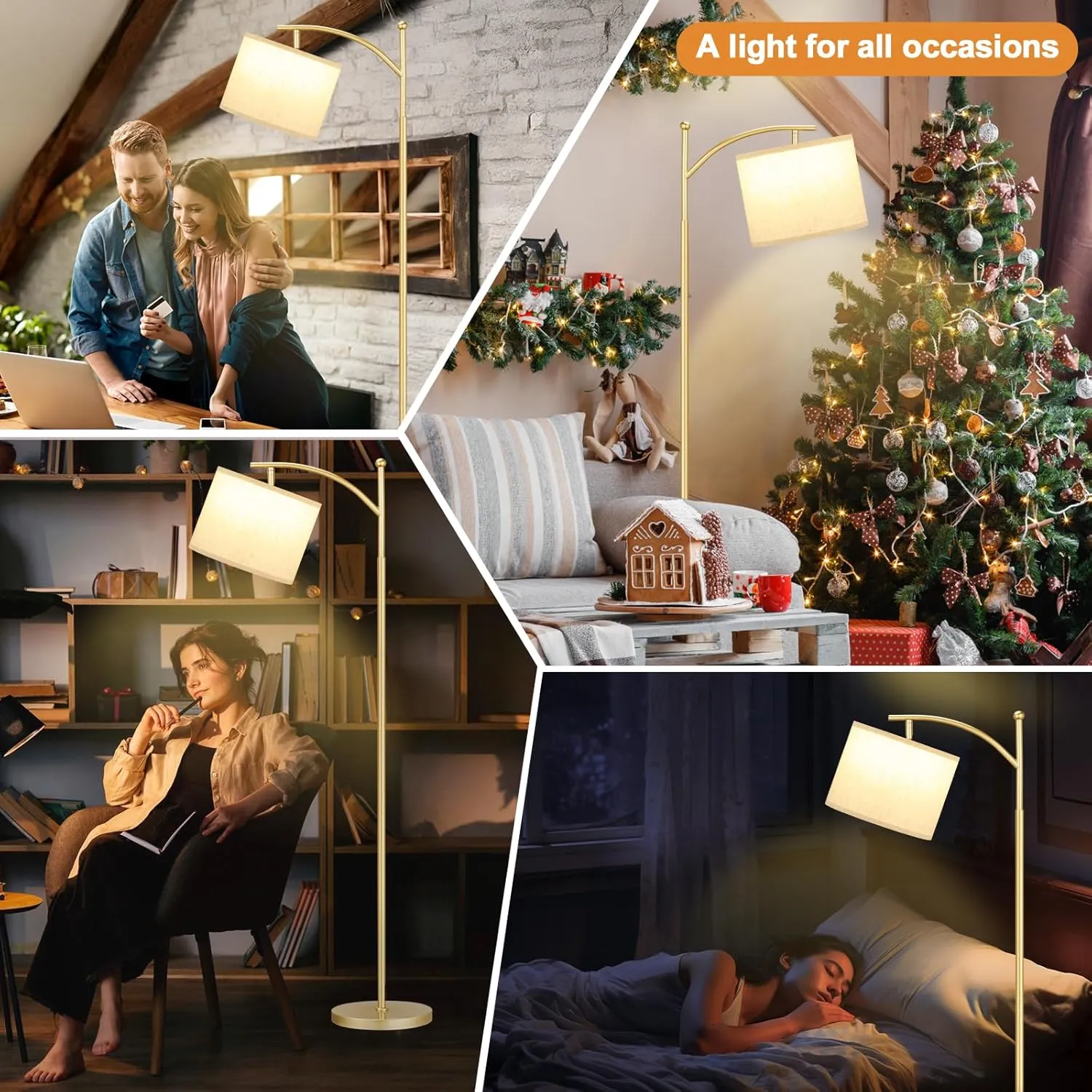 60" Floor Lamp With 3 Color Temperatures, Adjustable Beige Shade, Gold Pole - Tall Lamp for Living Room, Bedroom, Office, Classroom, Dorm - 9W Bulb Included