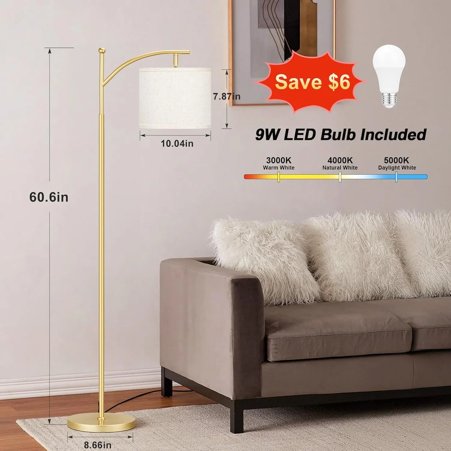 60" Floor Lamp With 3 Color Temperatures, Adjustable Beige Shade, Gold Pole - Tall Lamp for Living Room, Bedroom, Office, Classroom, Dorm - 9W Bulb Included