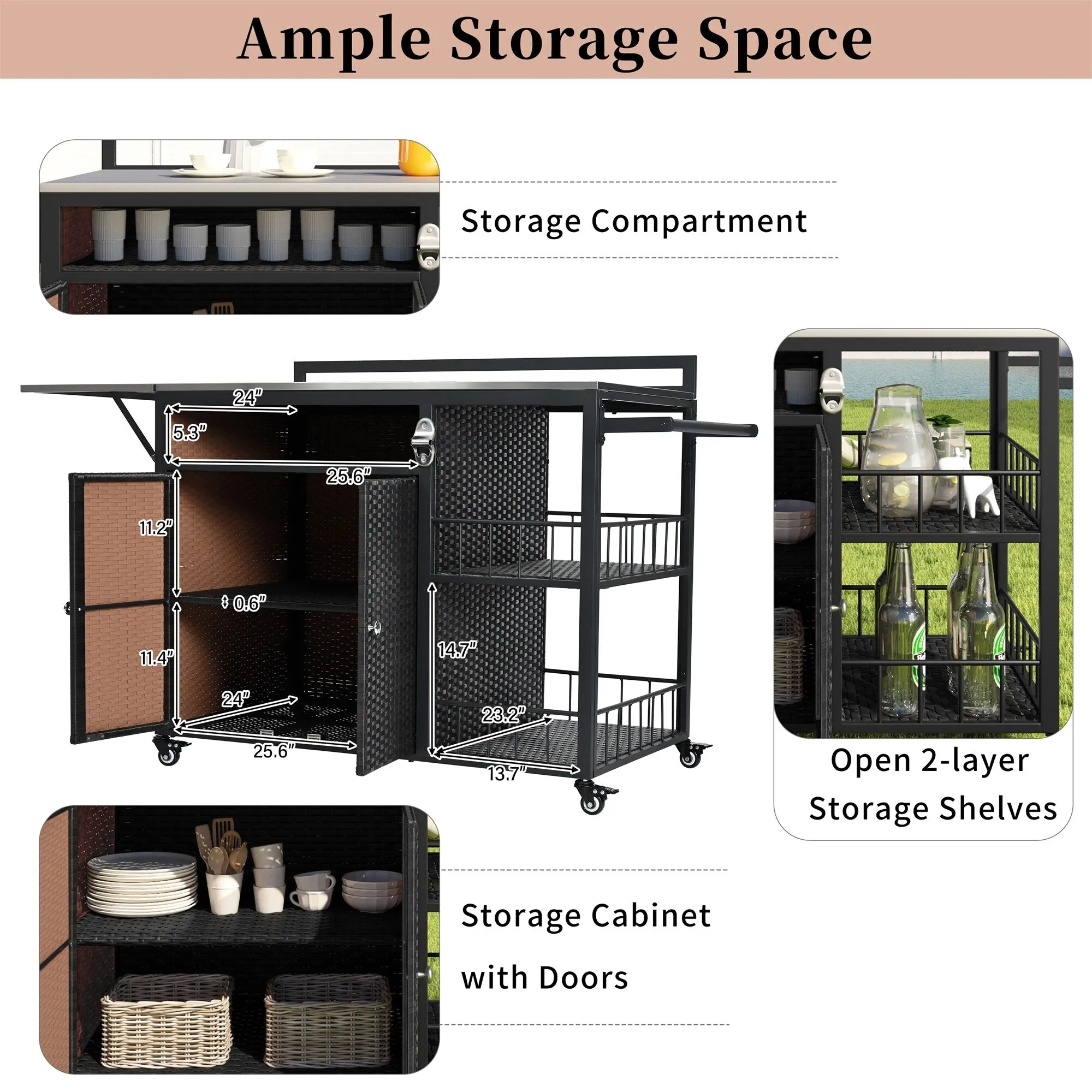 63.5" Outdoor Kitchen Island with Foldable Tabletop and Ample Storage
