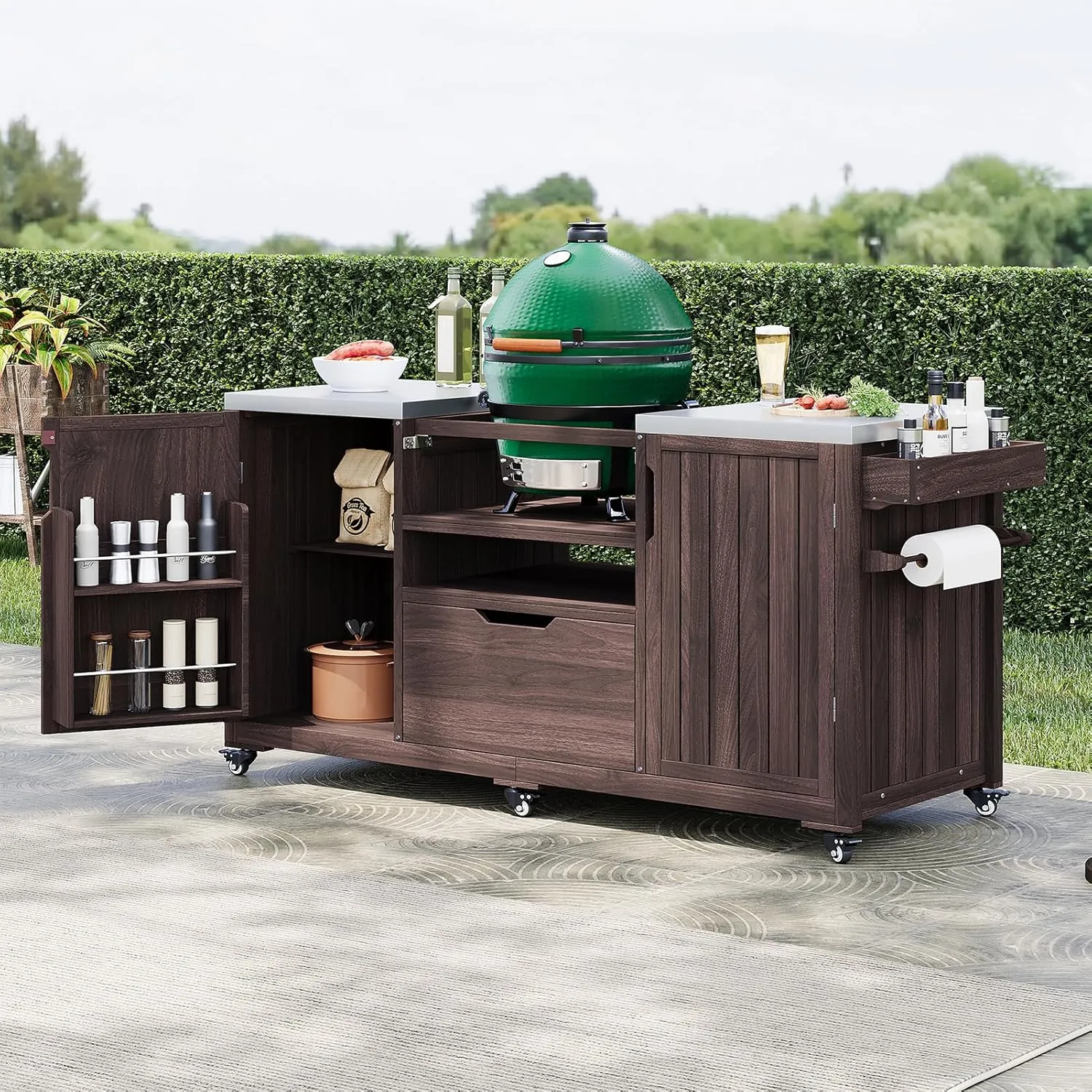 66.5" Outdoor Kitchen Island Grill Table for Big Green Egg Style Grills, Outdoor Bar Cart Grill Cart for Tabletop Grill with Stainless Steel Top, Drawer, Compatible with Large Big Green Egg,Dark Brown
