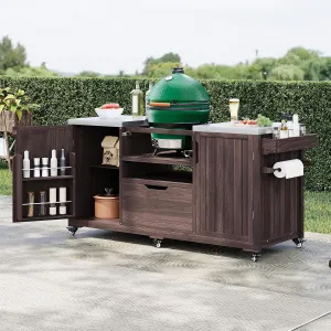 66.5" Outdoor Kitchen Island Grill Table for Big Green Egg Style Grills, Outdoor Bar Cart Grill Cart for Tabletop Grill with Stainless Steel Top, Drawer, Compatible with Large Big Green Egg,Dark Brown