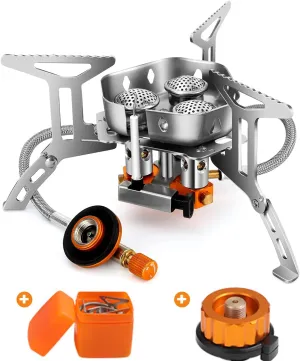 6800W Windproof Camp Stove, 3-Core Split Camping Gas Stove with Fuel Canister Adapter, Piezo Ignition, Carry Case, Portable Collapsible Stove Burner, for Outdoor Backpacking Hiking and Picnic