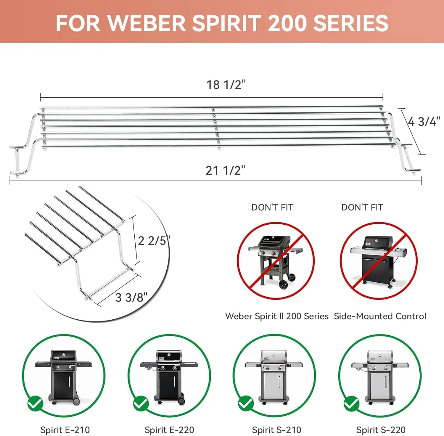 69866 Grill Warming Rack for Weber Spirit 200 and GS4 Spirit II 200 Series (2017 and Newer), Weber Spirit E/S-210,E/S-220 Gas Grills with Up Front Control, 21.5 inch Grill Rack for Weber 67026