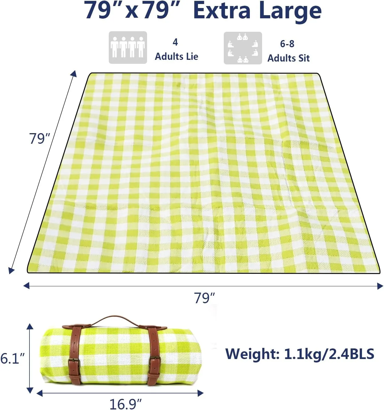 79”x79” Picnic Blanket Extra Large, Waterproof and Foldable Beach Blanket, 3-Layer Outdoor Blanket for 6 to 8 Adults, for Camping, Park, Beach, Grass, Indoors
