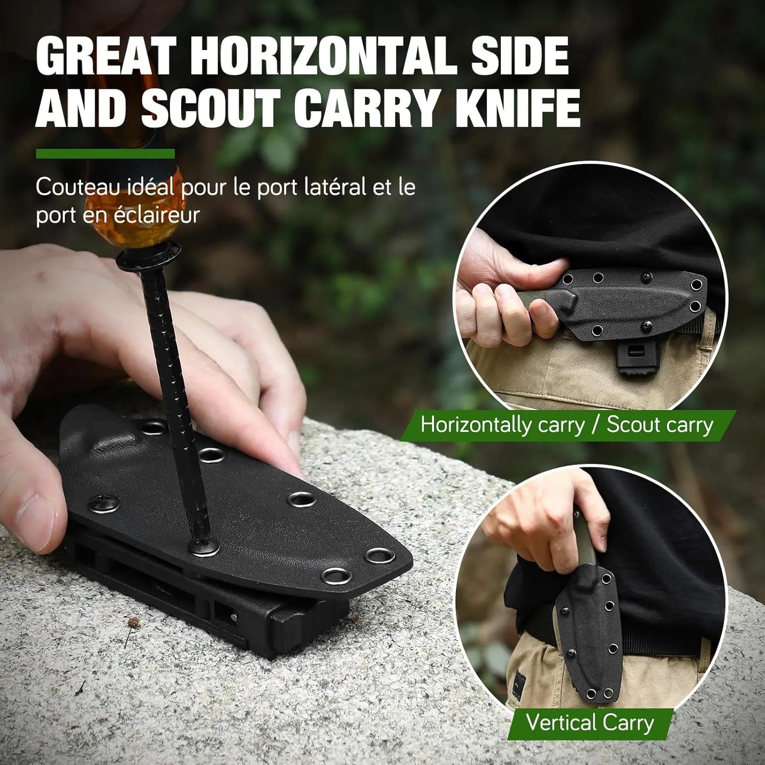 7" D2 Steel EDC Fixed Blade Knife, Versatile Carry with Kydex Sheath and G10 Handle (B- Black Balde   Green Handle)
