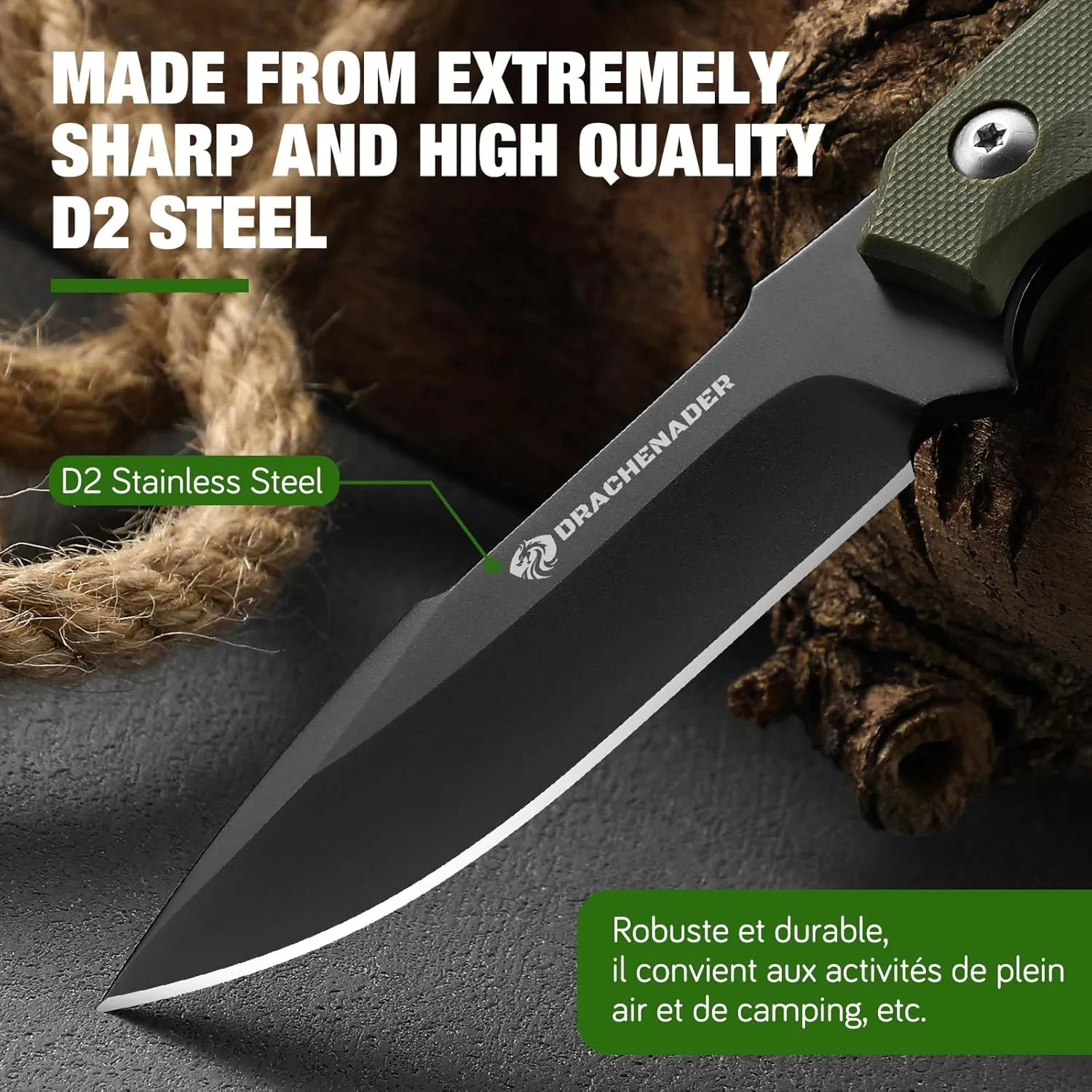 7" D2 Steel EDC Fixed Blade Knife, Versatile Carry with Kydex Sheath and G10 Handle (B- Black Balde   Green Handle)