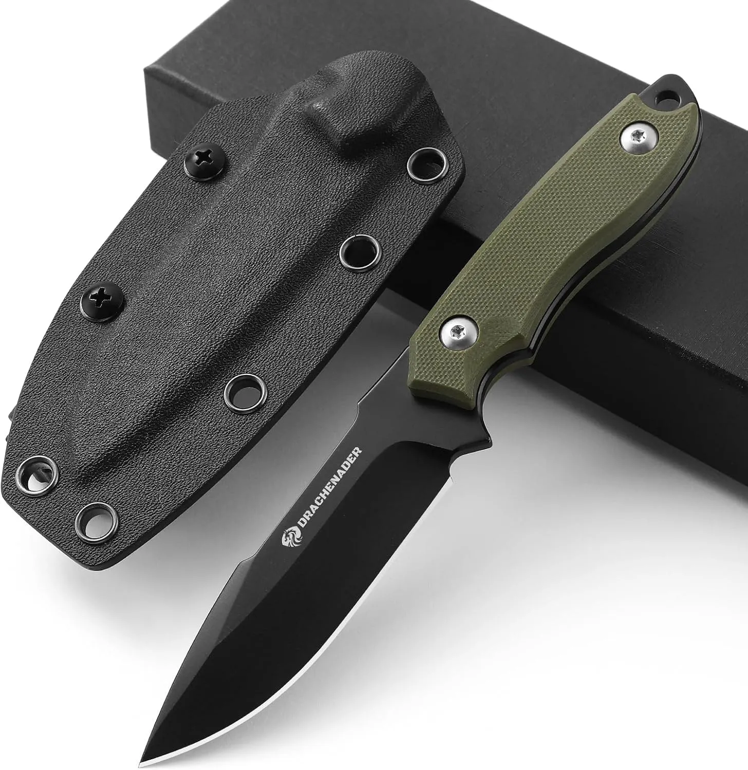 7" D2 Steel EDC Fixed Blade Knife, Versatile Carry with Kydex Sheath and G10 Handle (B- Black Balde   Green Handle)