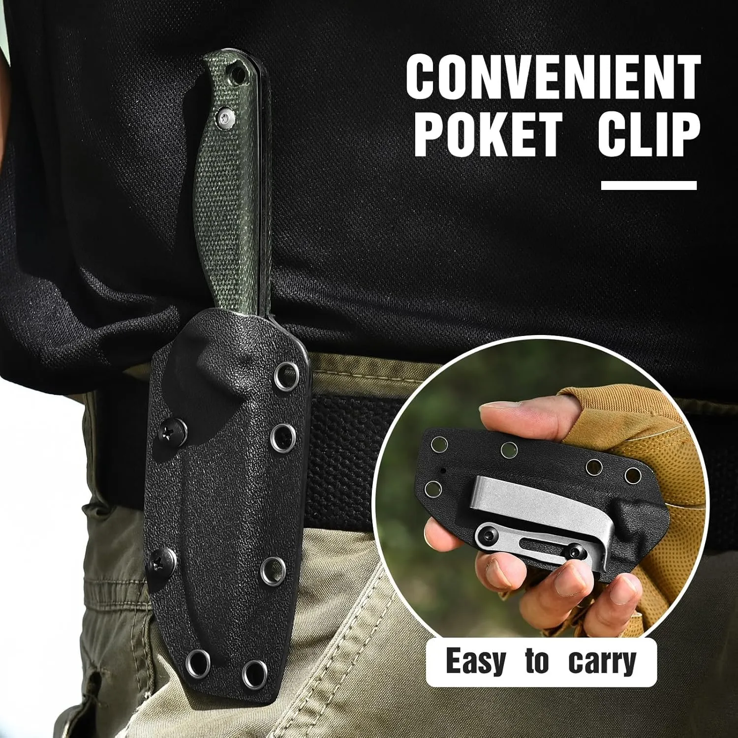 7" Small Fixed Blade Knife with Kydex Sheath, 2.95" D2 Steel Blade, Full Tang, EDC Outdoor Camping Knife wit Micarta Handle (C-Green-Black)