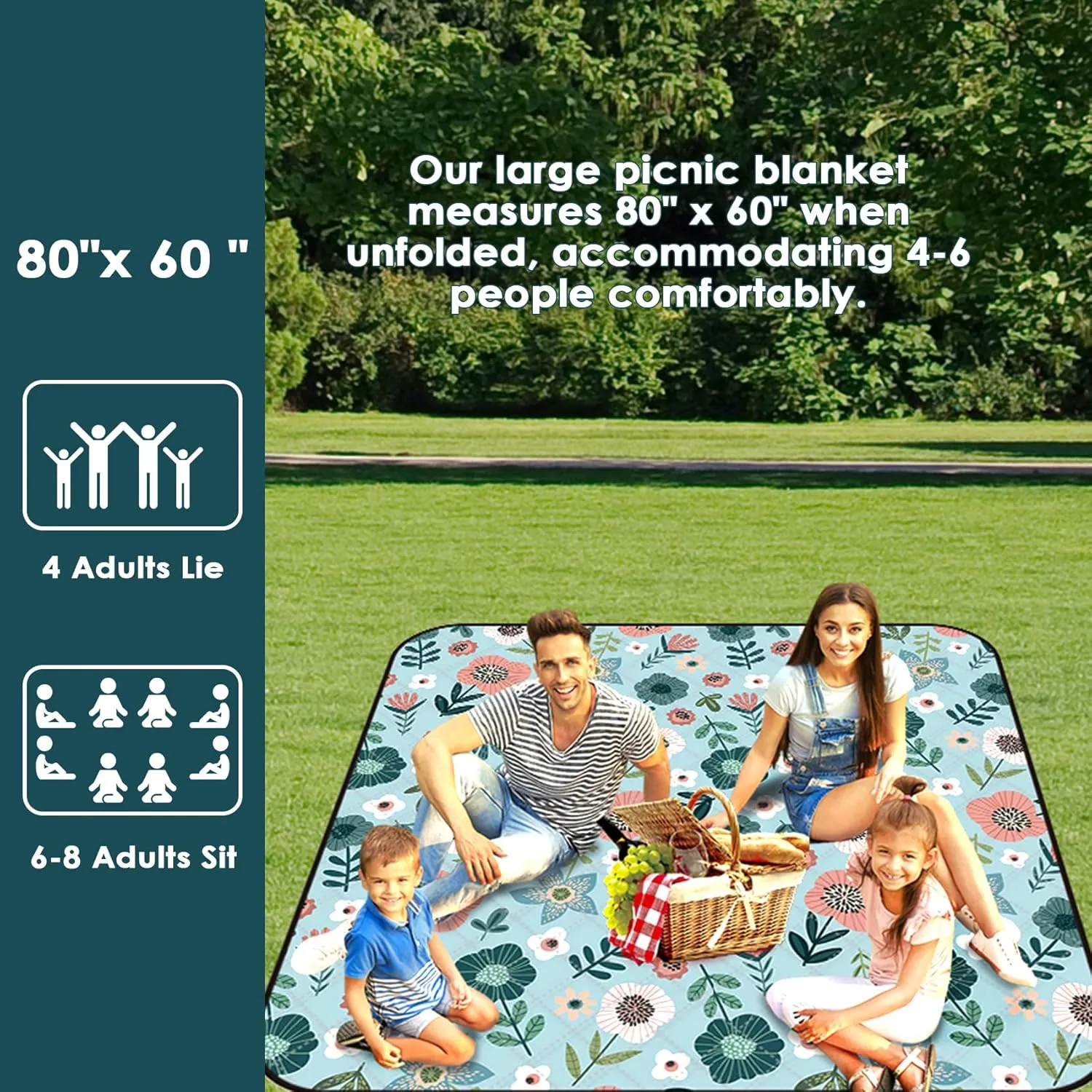 80"x60" Waterproof Picnic Blanket Large Outdoor Camping Blanket Foldable Picnic Camping Blanket Thicker Machine Washable Picnic Mat Portable Wearable for Picnics, Camping
