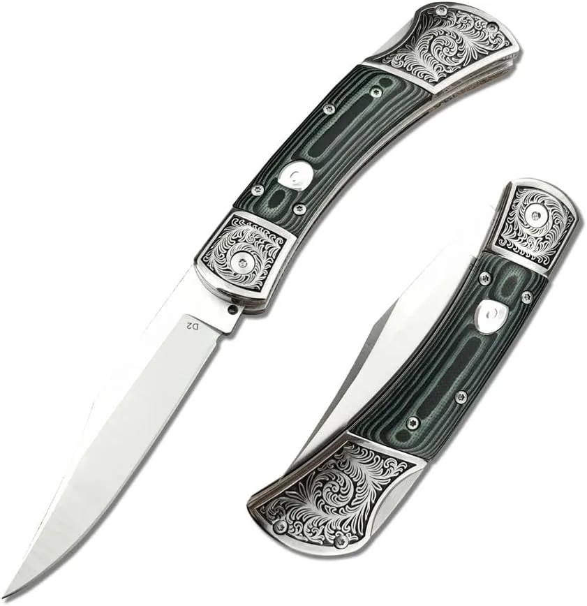 8.6" Outdoor Push Button Lock Knife,D2 Steel Blade Mikata Handle Pocket Knives,EDC Tool for Survival Camping Fishing Hiking Hunting,Gift Leather Sheath