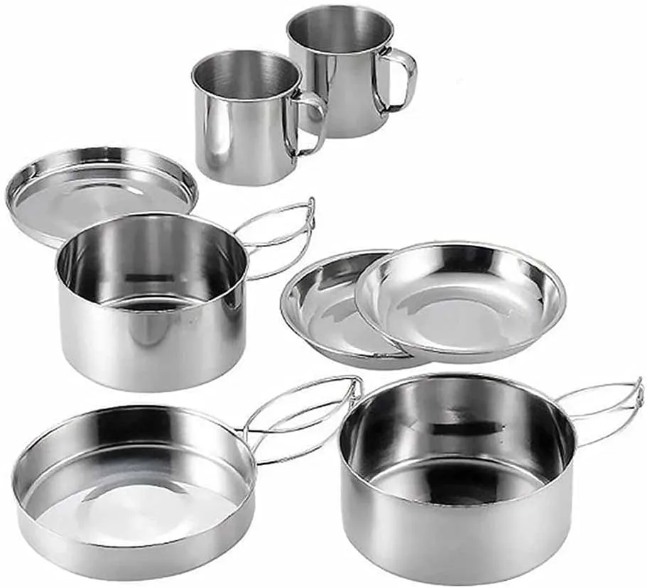 8PCS/Set Camping Cookware Kit Outdoor Aluminum Cooking Set Water Kettle Travelling Picnic BBQ Tableware Portable Bowls