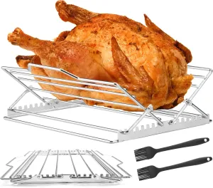 Adjustable Chicken Roasting Rack, Stainless Steel Foldable Roasting Rack, V-Shaped Stand for Turkey Chicken Includes basting Brush (2 PCS)