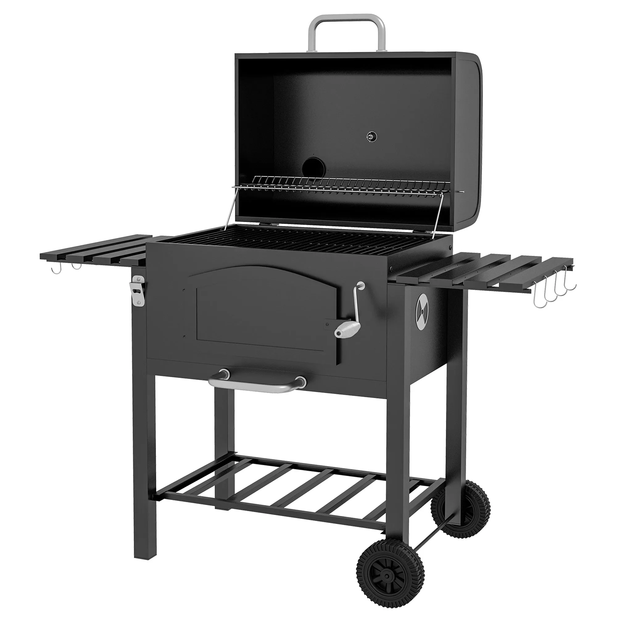 Adjustable Height Charcoal Grill with Foldable Shelves & Wheels, Black