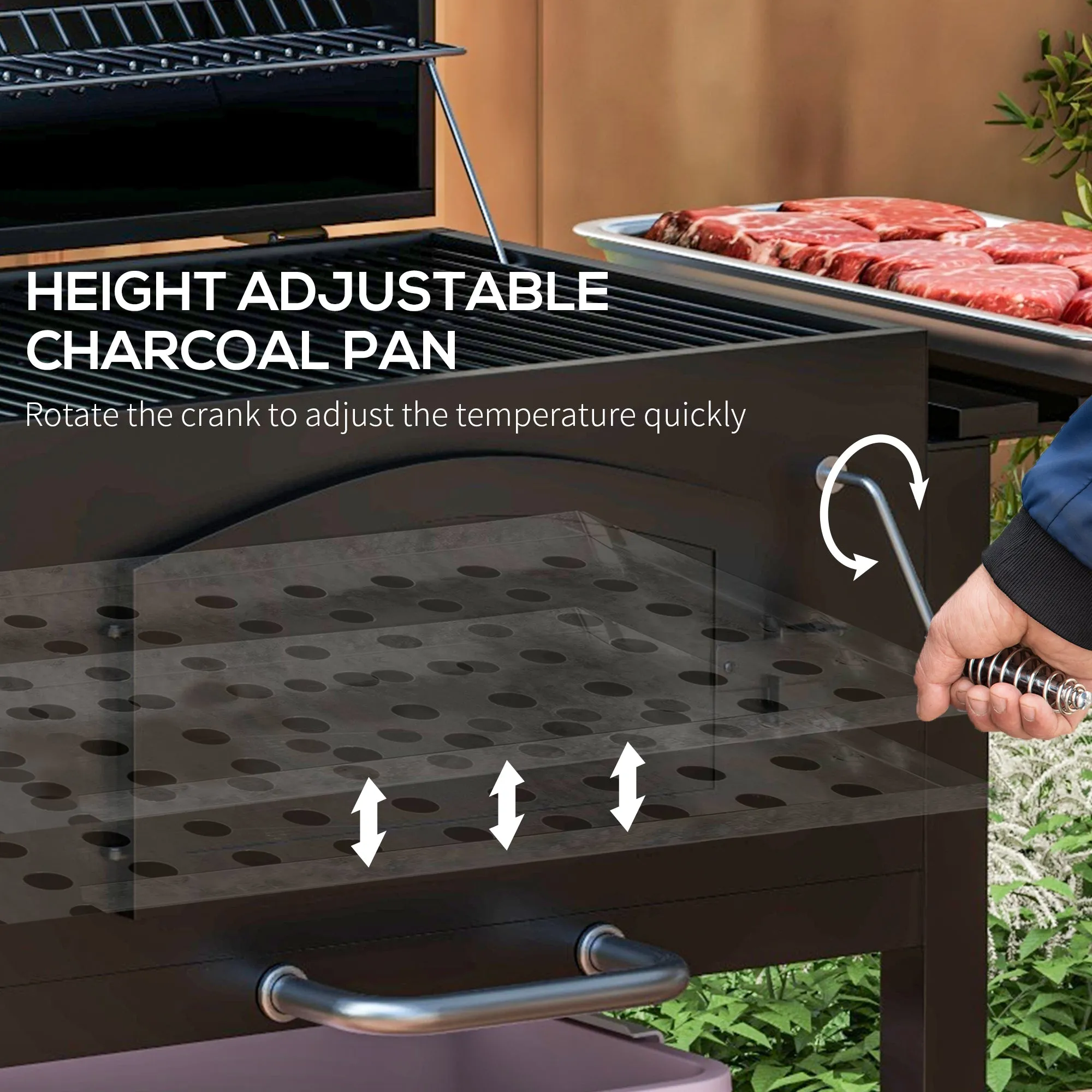 Adjustable Height Charcoal Grill with Foldable Shelves & Wheels, Black