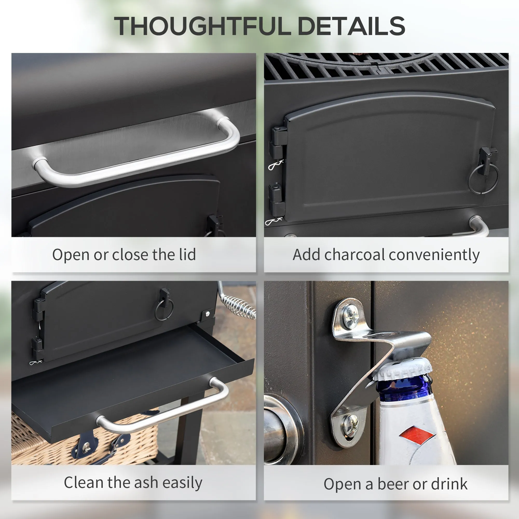 Adjustable Height Charcoal Grill with Foldable Shelves & Wheels, Black