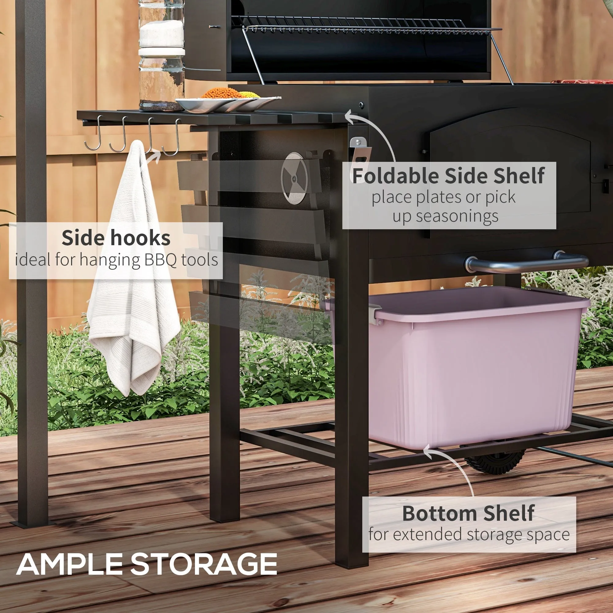 Adjustable Height Charcoal Grill with Foldable Shelves & Wheels, Black