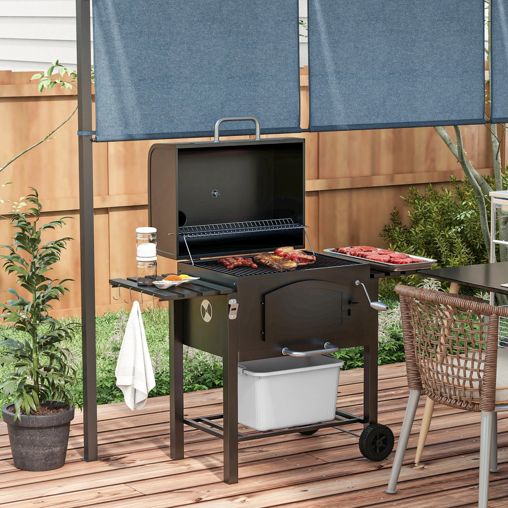 Adjustable Height Charcoal Grill with Foldable Shelves & Wheels, Black