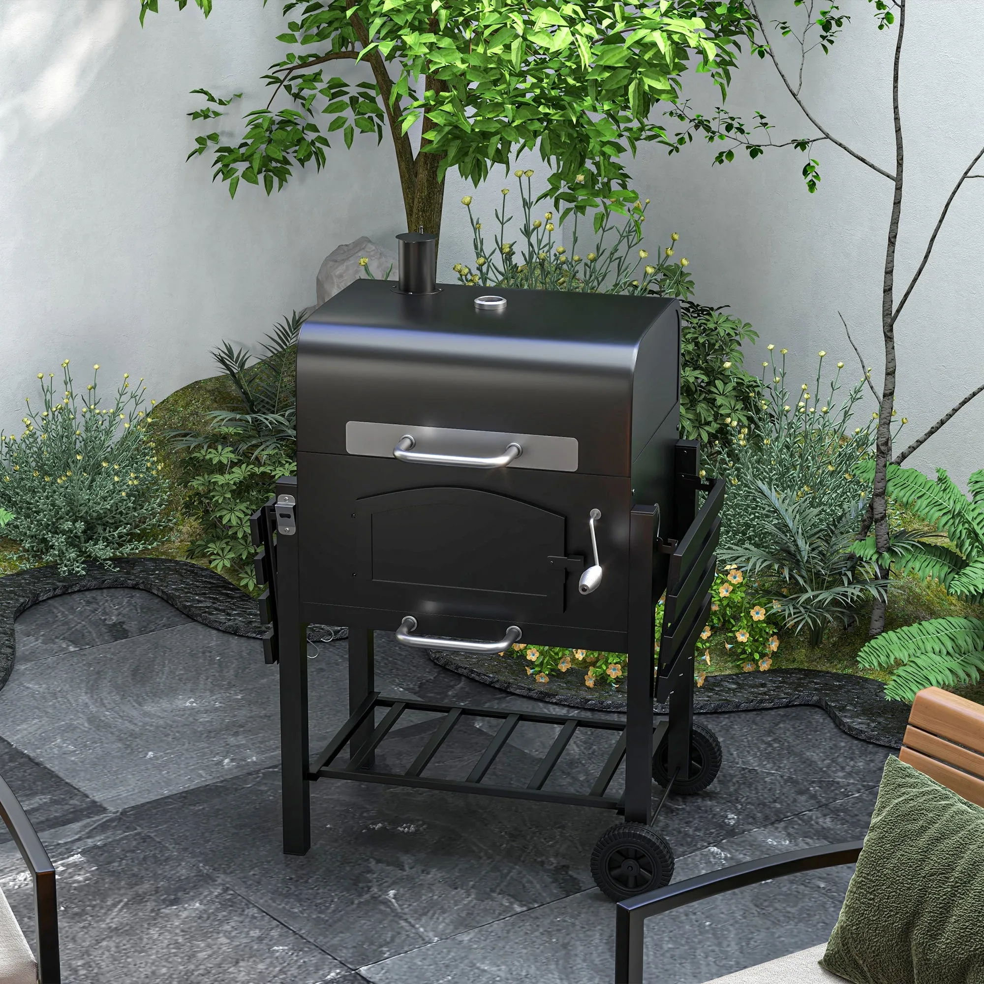 Adjustable Height Charcoal Grill with Foldable Shelves & Wheels, Black
