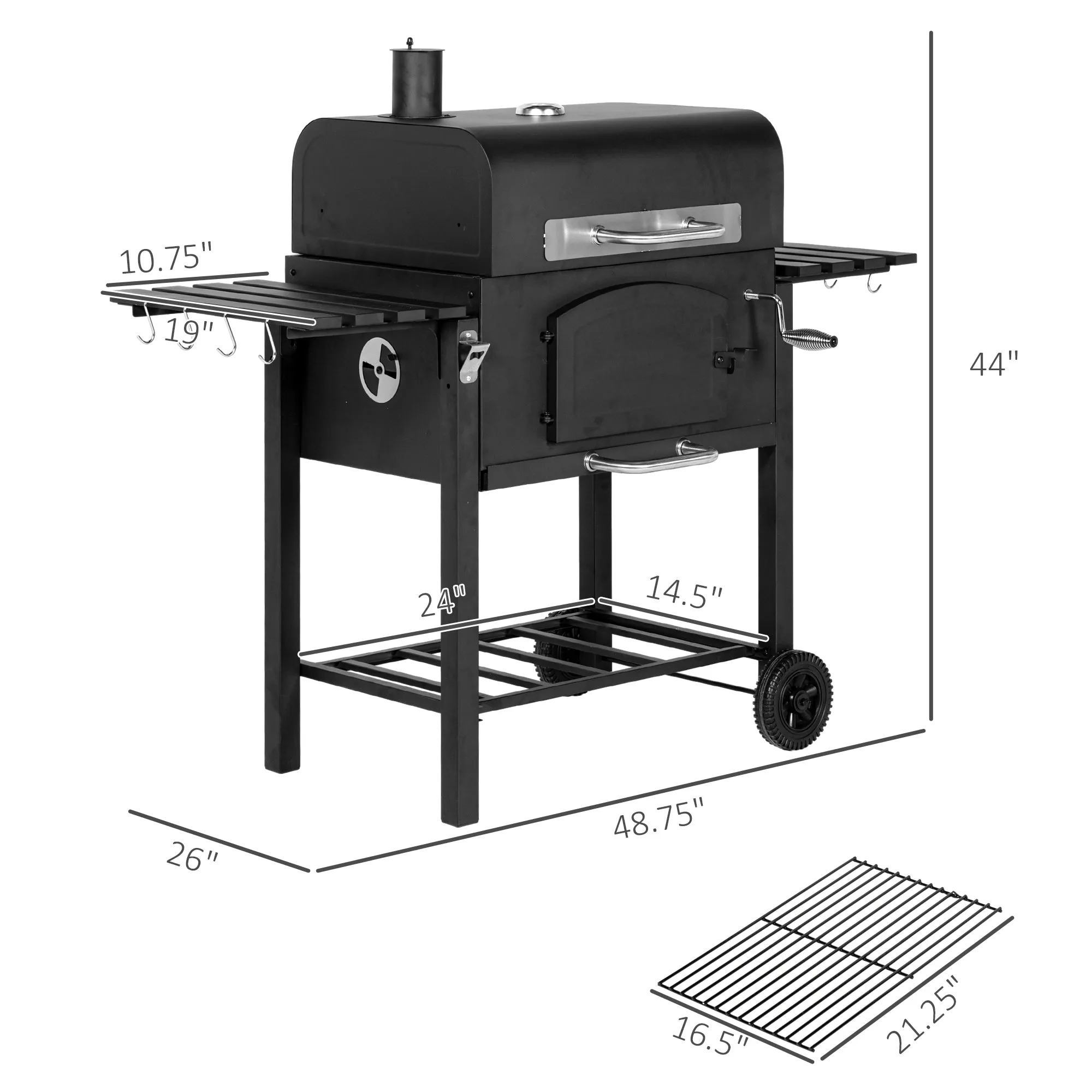 Adjustable Height Charcoal Grill with Foldable Shelves & Wheels, Black