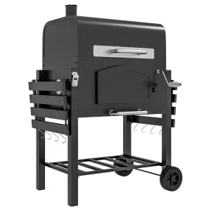 Adjustable Height Charcoal Grill with Foldable Shelves & Wheels, Black