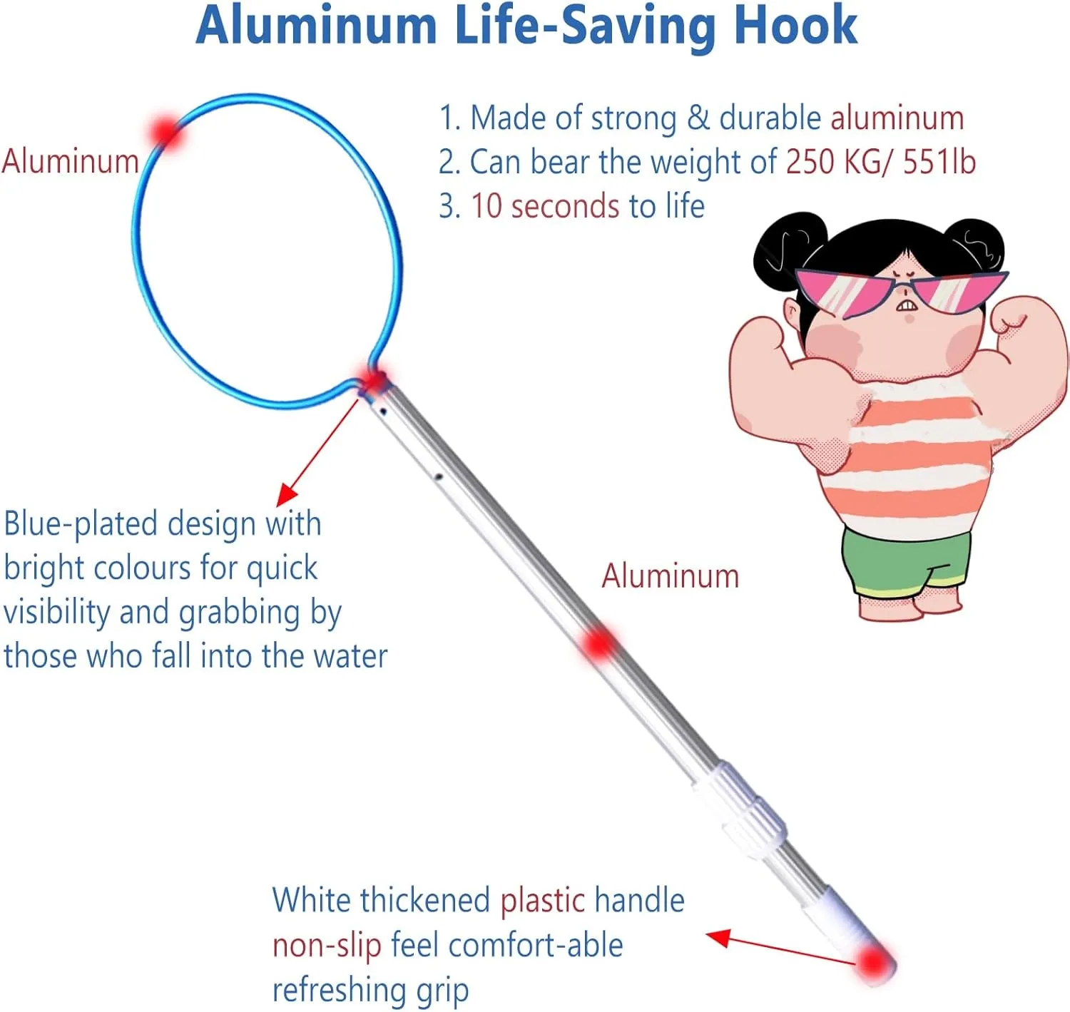 Adjustable Pool Safety Hook, Aluminium Alloy Pool Rescue Hook for Boat Beach & Oceanarium, 196.9 118.1 37.4 in Long Water Emergency Lifesaving Safety Equipment(1M/37.4IN/3.28FT)