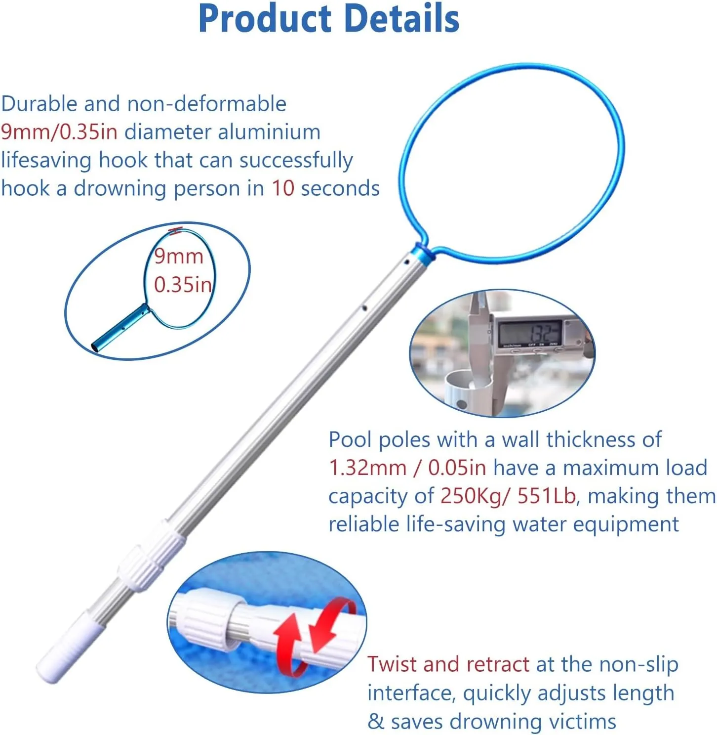 Adjustable Pool Safety Hook, Aluminium Alloy Pool Rescue Hook for Boat Beach & Oceanarium, 196.9 118.1 37.4 in Long Water Emergency Lifesaving Safety Equipment(1M/37.4IN/3.28FT)
