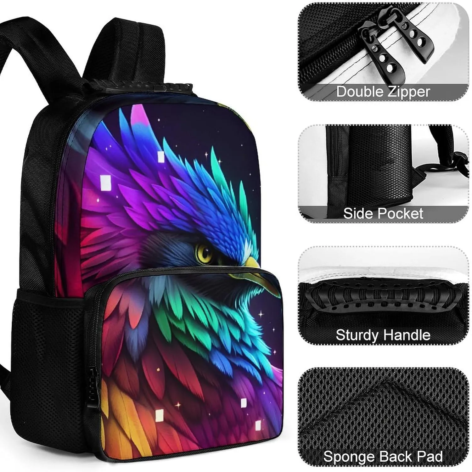 Adults Lightweight Colorful Eagle Art Rucksacks Large Capacity Bookbag With Adjustable Shoulder Straps for Trekking Outdoors Bicycle