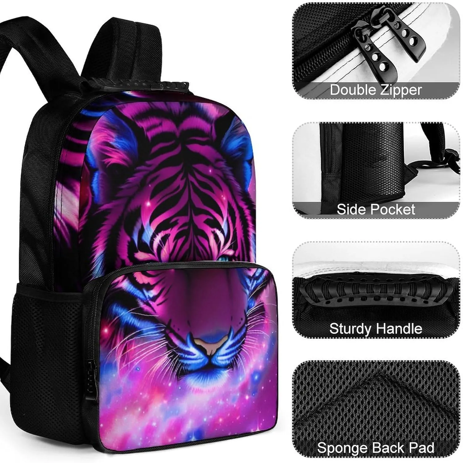 Adults Lightweight Mystic Fantasy Galaxy Sky Fantasy Tiger Wild Animals Boho Style Rucksacks Large Capacity Bookbag With Adjustable Shoulder Straps for Trekking Outdoors Bicycle