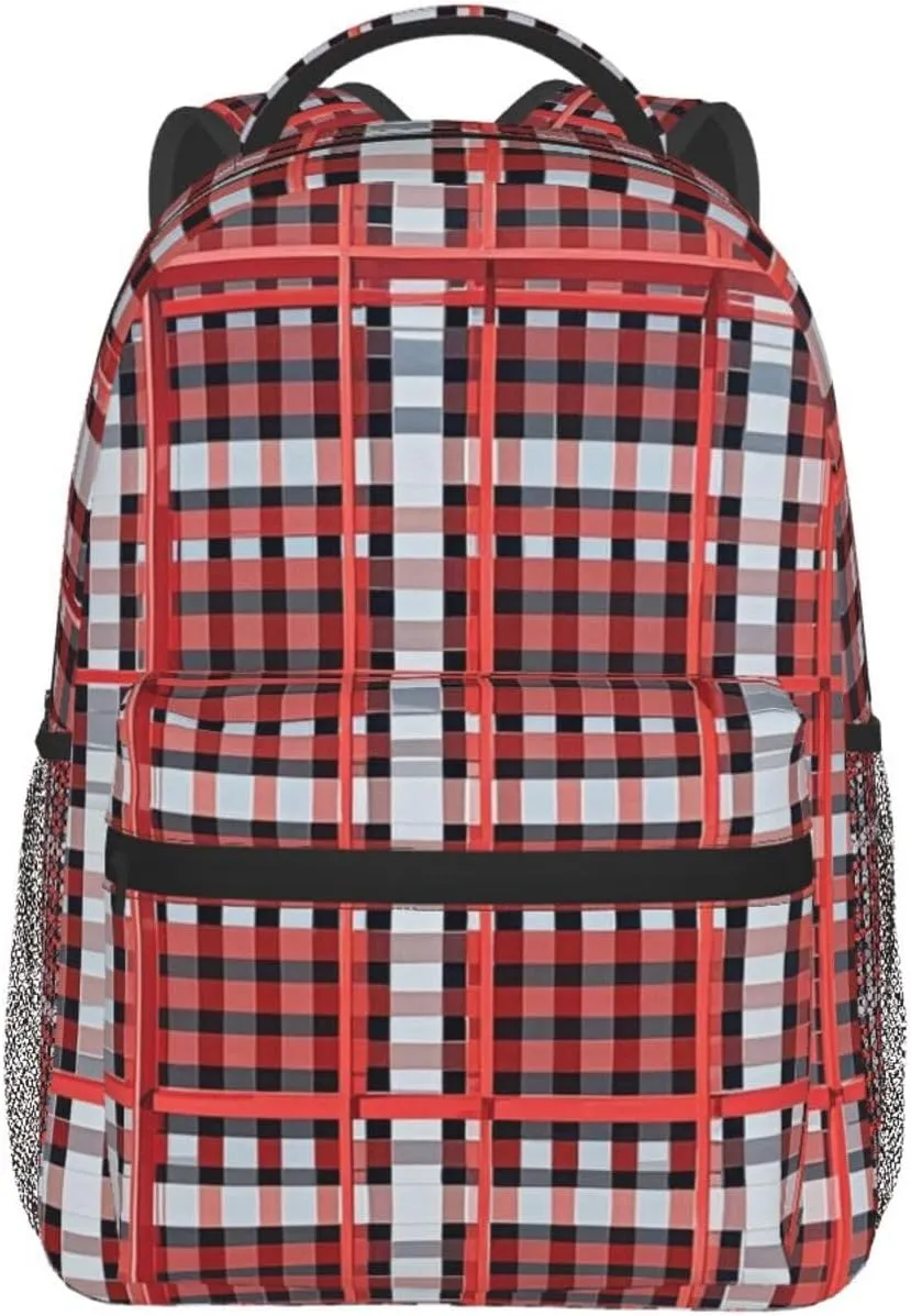 Adults Lightweight Red Scottish Tartan Plaid Art Rucksacks Large Capacity Bookbag With Adjustable Shoulder Straps for Trekking Outdoors Bicycle