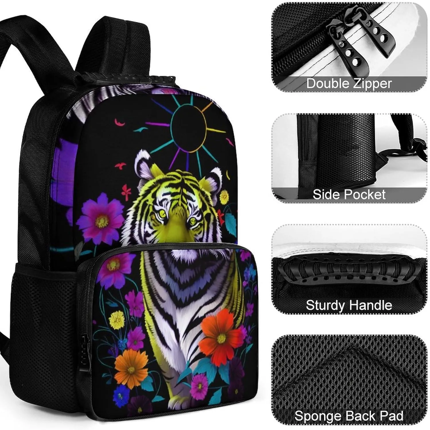 Adults Lightweight Trippy Tiger Animal Flower Art Rucksacks Large Capacity Bookbag With Adjustable Shoulder Straps for Trekking Outdoors Bicycle