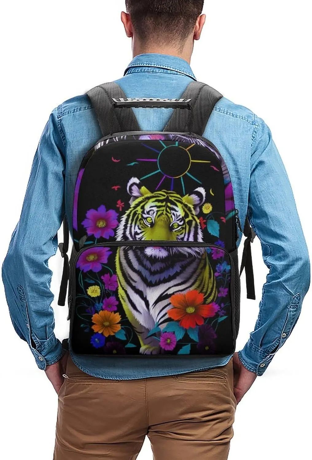 Adults Lightweight Trippy Tiger Animal Flower Art Rucksacks Large Capacity Bookbag With Adjustable Shoulder Straps for Trekking Outdoors Bicycle