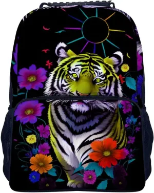 Adults Lightweight Trippy Tiger Animal Flower Art Rucksacks Large Capacity Bookbag With Adjustable Shoulder Straps for Trekking Outdoors Bicycle