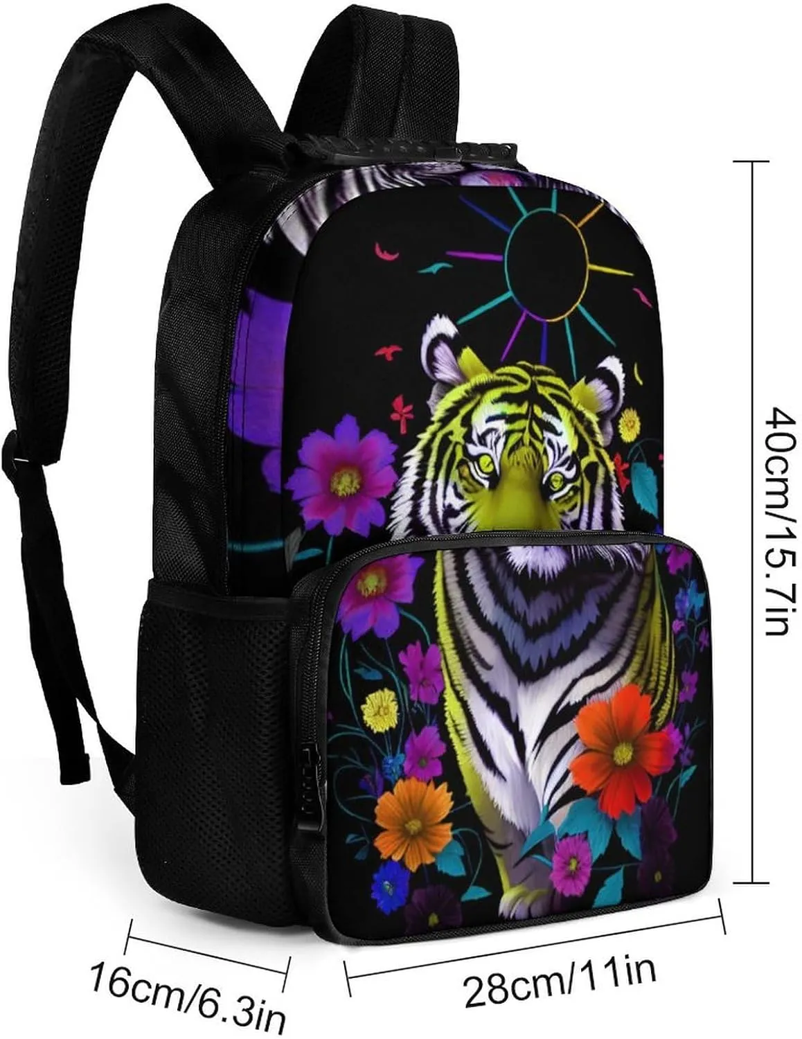 Adults Lightweight Trippy Tiger Animal Flower Art Rucksacks Large Capacity Bookbag With Adjustable Shoulder Straps for Trekking Outdoors Bicycle