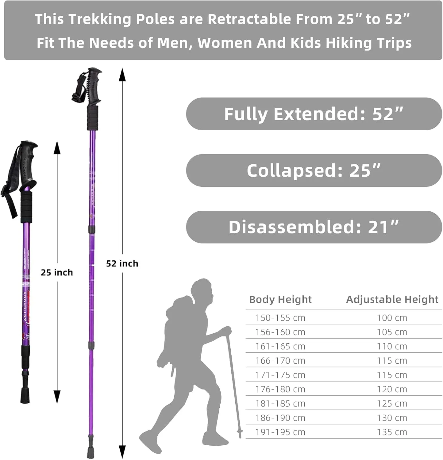 Aihoye Collapsible Trekking Poles - 2 Pack, Lightweight, Anti-Shock Walking Sticks - Adjustable for Men and Women
