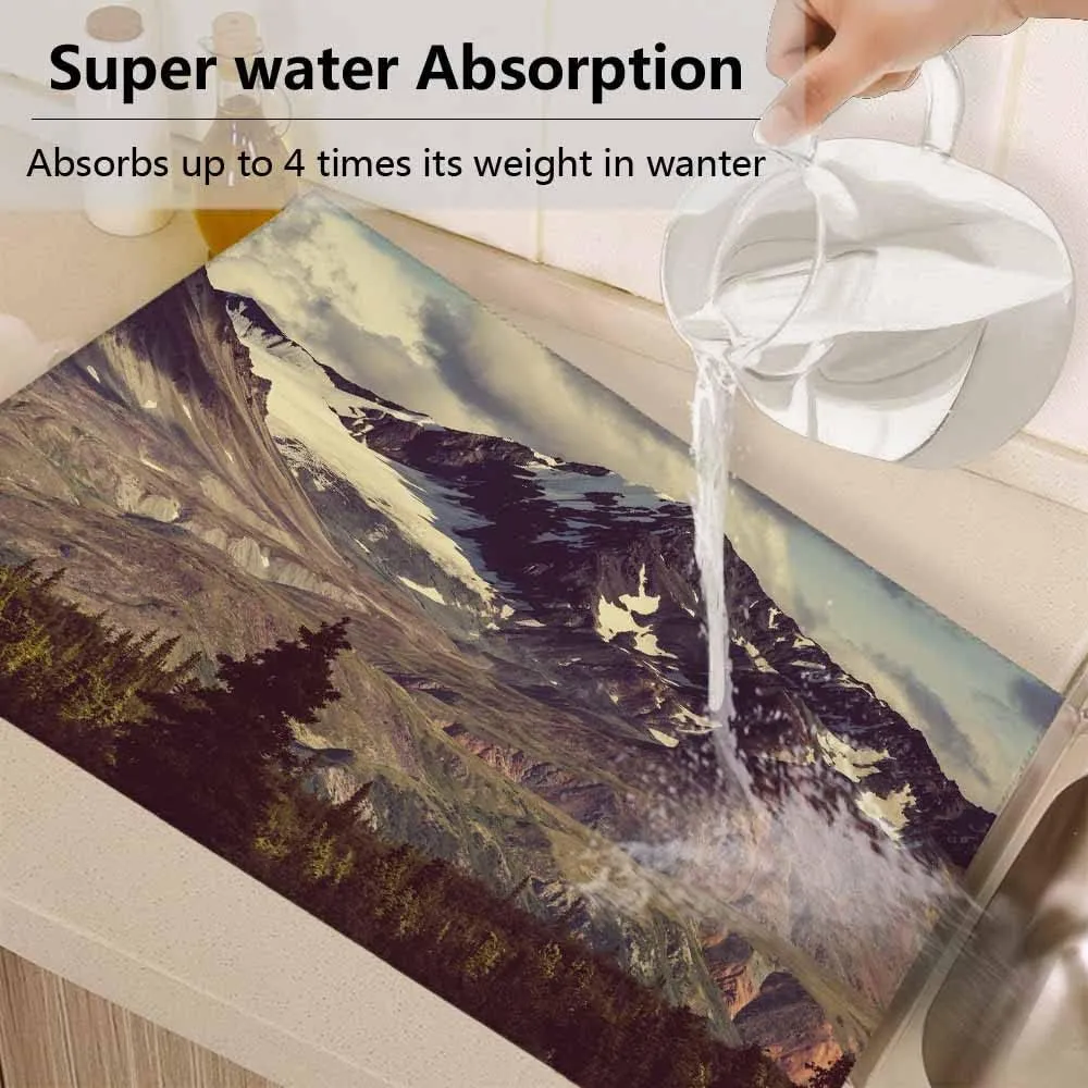 Alaska Mountains Dish Drying Mat,Arctic Landscape Hiking Alaska Mountains Scenery Usa Wilderness Drying Mat for Kitchen Counter 18x24 Inches Quick Drying Foldable Mat